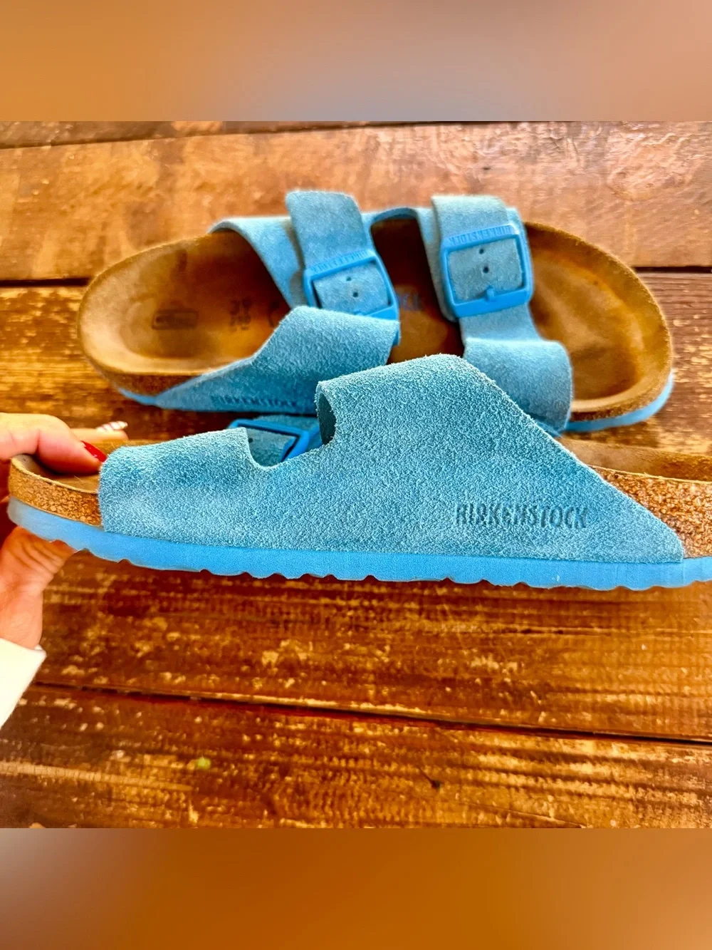 Birkenstalk Arizona suede blue, soft bed, cork bottom, size 39